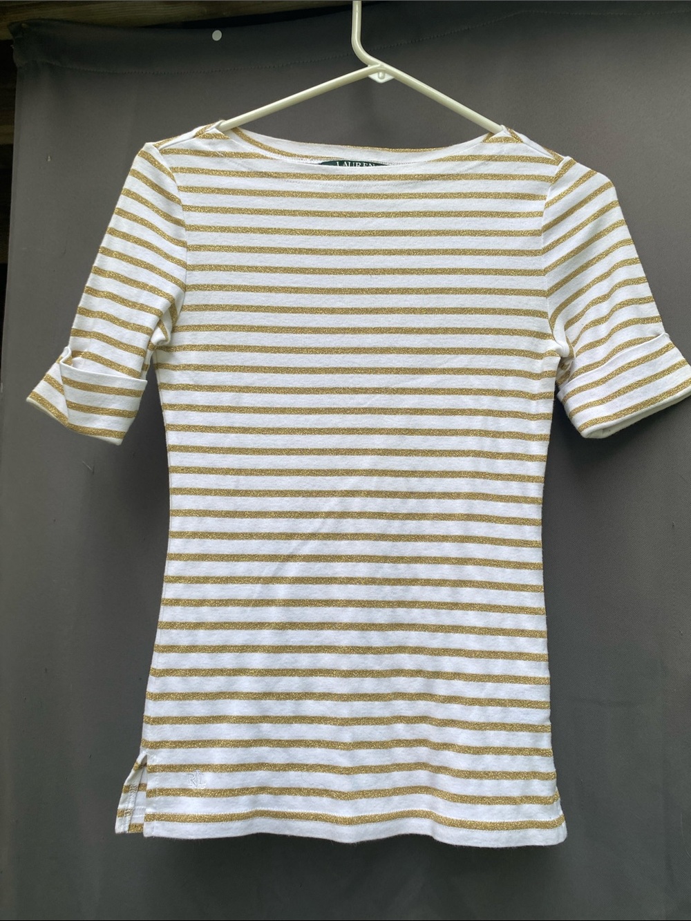 Ralph Lauren White and Gold Stripe Boatneck Short Sleeve Top
